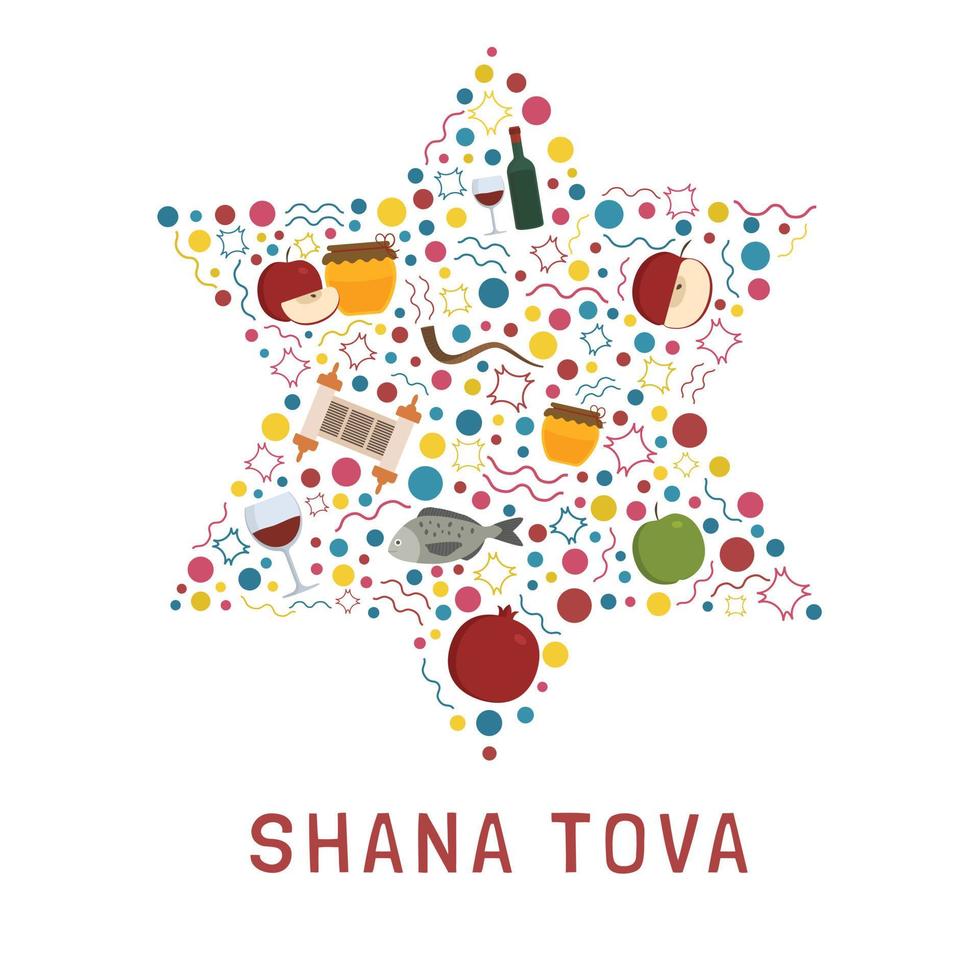 Iconos de diseño plano de vacaciones de Rosh Hashaná en forma de estrella de David con texto en inglés vector