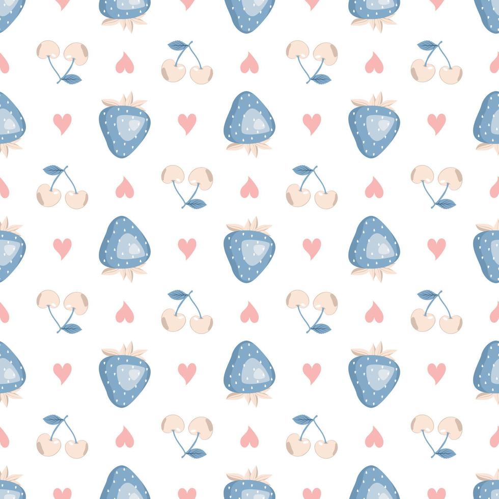Cute seamless pattern with blue strawberries, cherry and hearts. Delicate print for wrapping paper, textiles and design vector