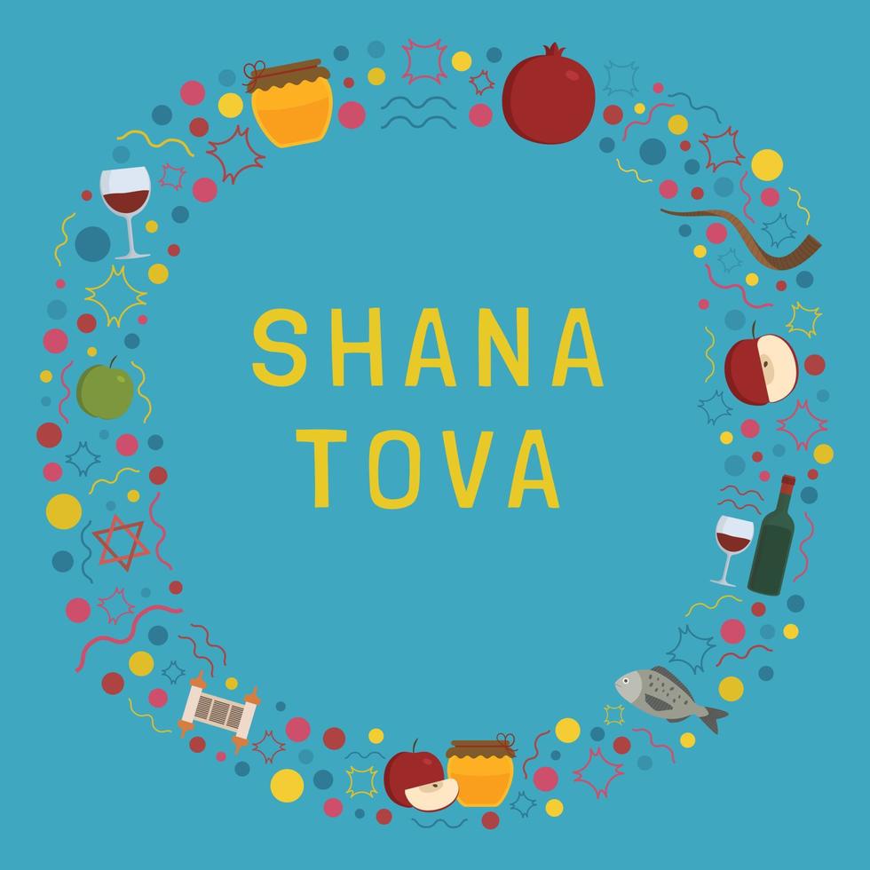 Frame with Rosh Hashanah holiday flat design icons with text in english vector