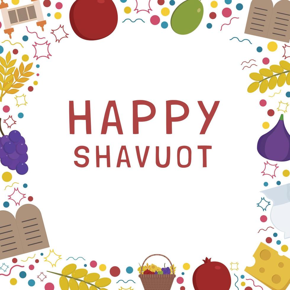 Frame with Shavuot holiday flat design icons with text in english vector