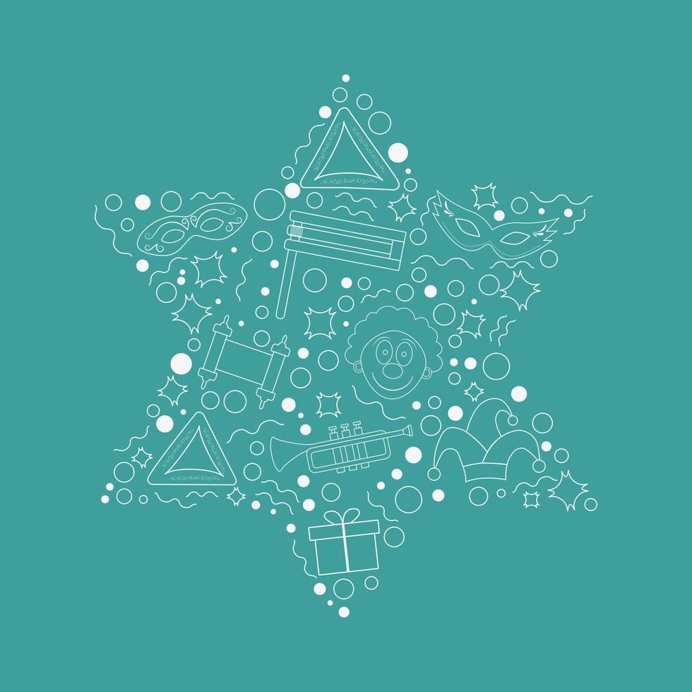 Purim holiday flat design white thin line icons set in star of david shape vector