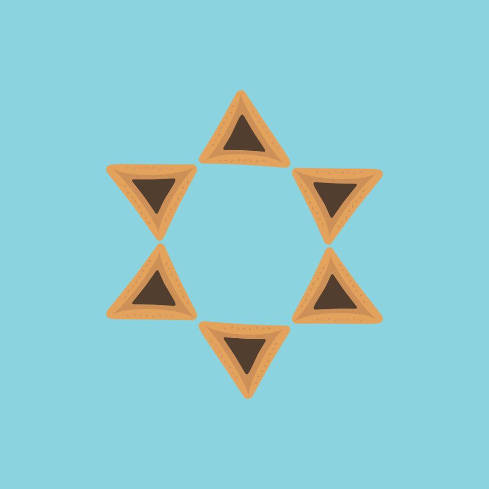 Purim holiday flat design icons of hamantashs in star of david shape with blue background vector