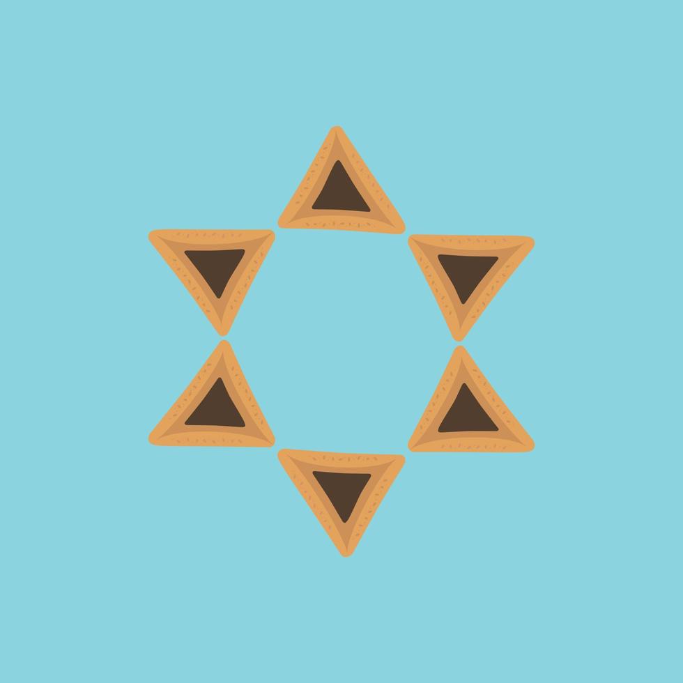 Purim holiday flat design icons of hamantashs in star of david shape with blue background vector