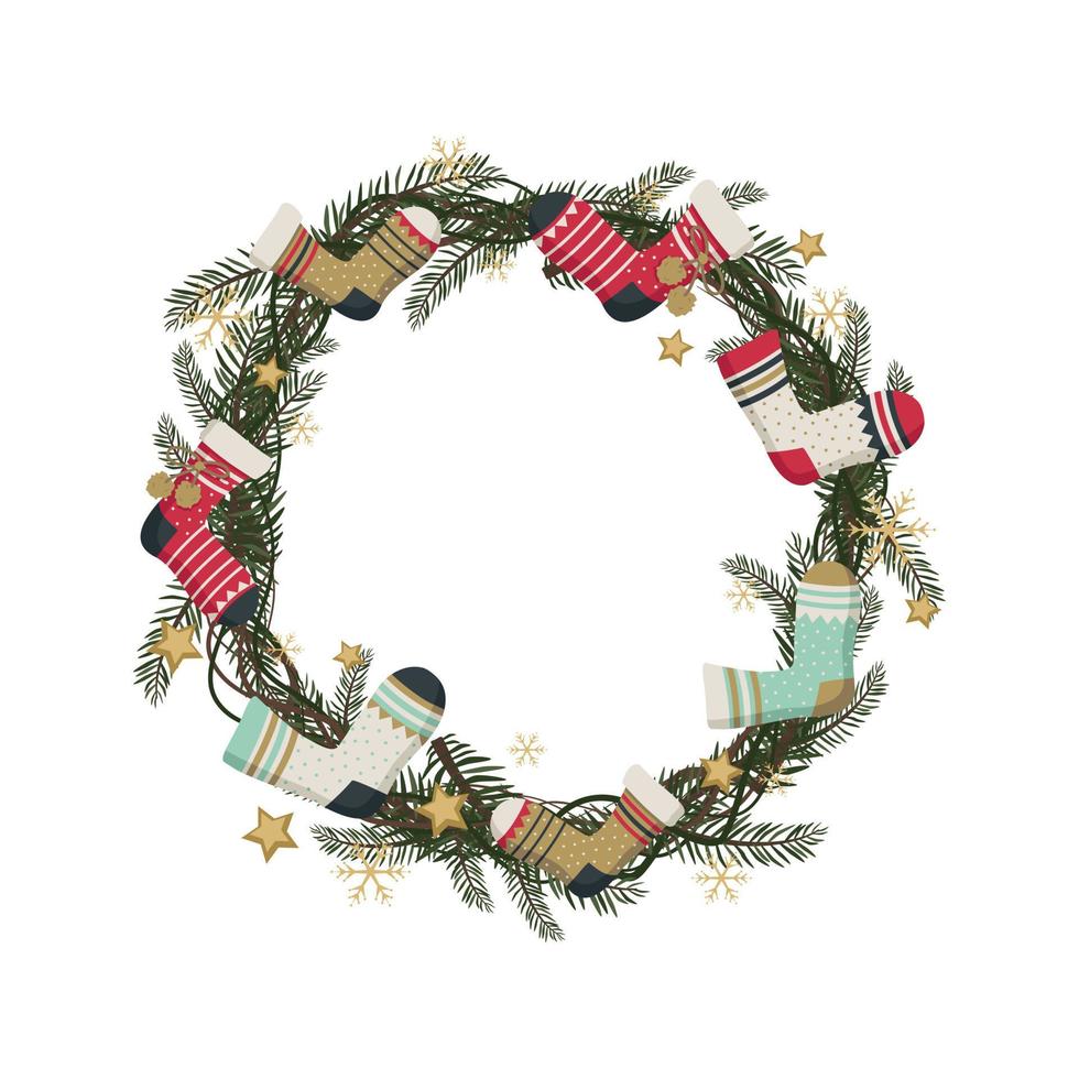 Round Christmas wreath of fir branches with socks, stars and snowflake. Festive decoration for the New Year and winter holidays. Flat vector illustration