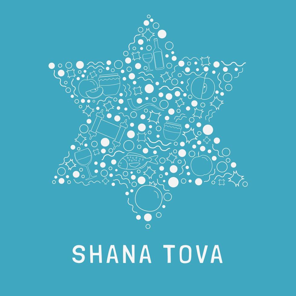 Rosh Hashanah holiday flat design white thin line icons set in star of david shape with text in english vector