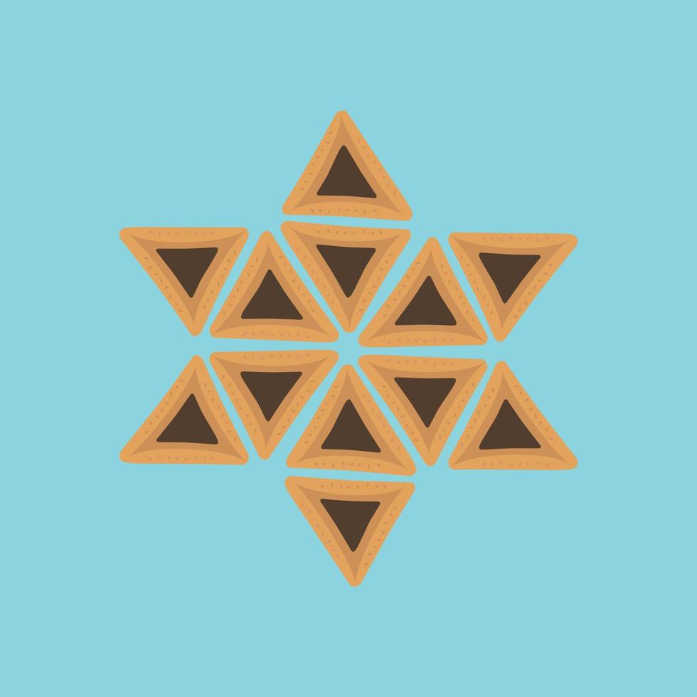 Purim holiday flat design icons of hamantashs in star of david shape with blue background vector
