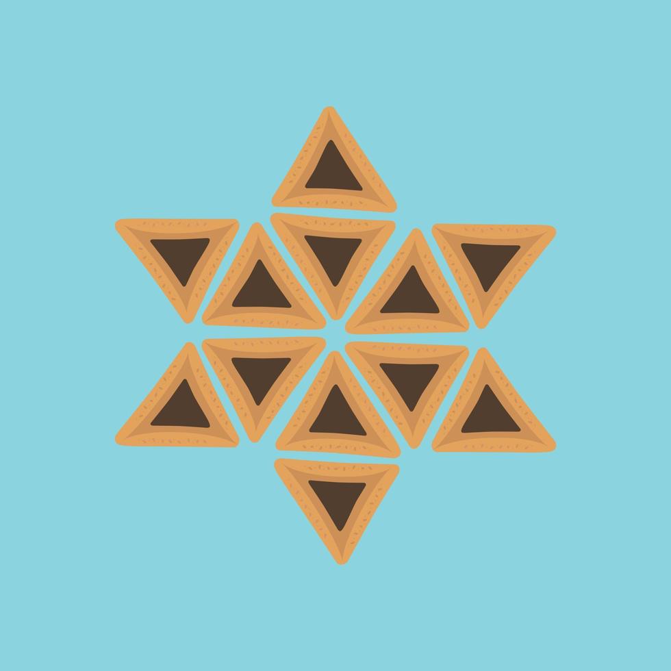 Purim holiday flat design icons of hamantashs in star of david shape with blue background vector