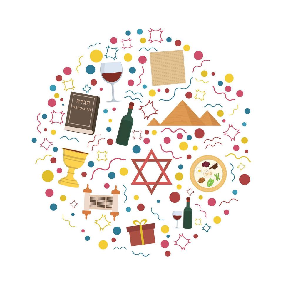 Passover holiday flat design icons set in round shape vector