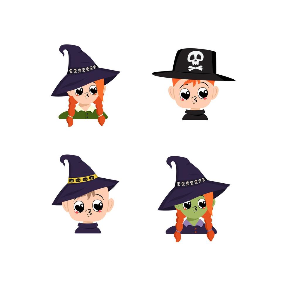 Set of girl, boy and baby with white and green skin, red hair, big heart eyes and kiss lips in pointed witch hat with scull. Head of child with joyful face. Halloween party decoration vector