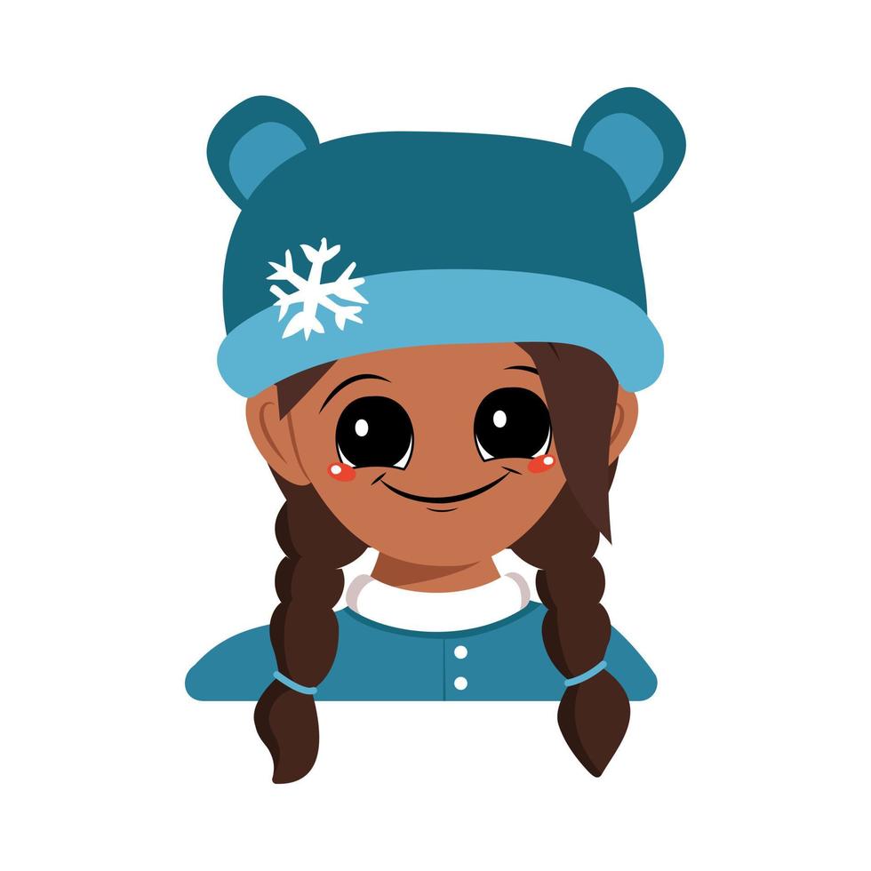 Girl with big eyes and a wide smile of African American or Latin nationality in bear hat with snowflake. Cute baby with happy face in winter headdress. Head of adorable child with emotions vector