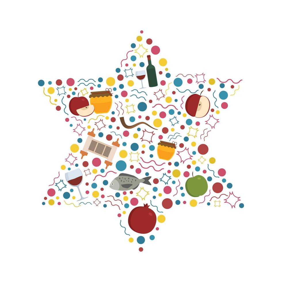 Rosh Hashanah holiday flat design icons set in star of david shape vector