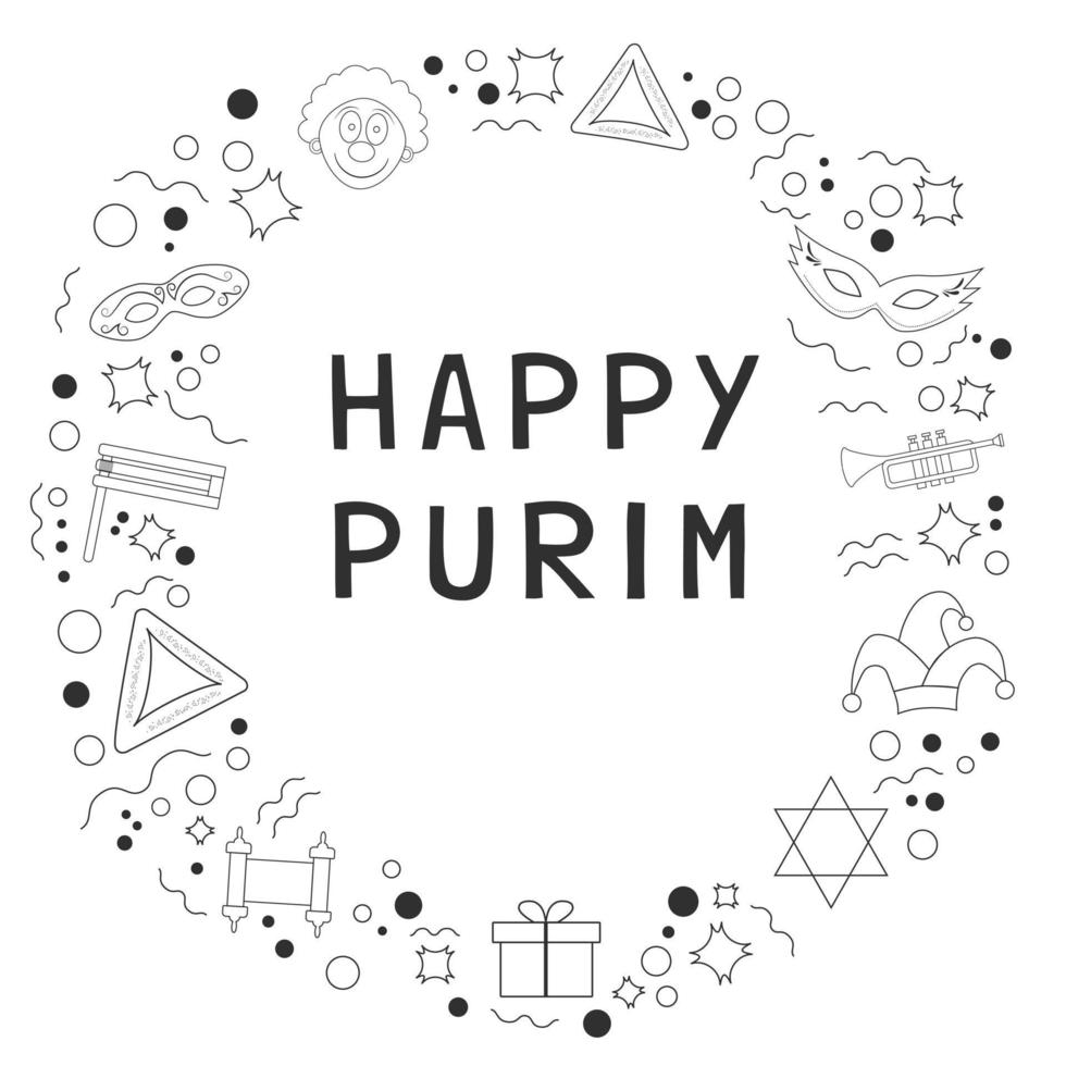 Marco con iconos de línea fina negra de diseño plano de vacaciones de Purim con texto en inglés vector