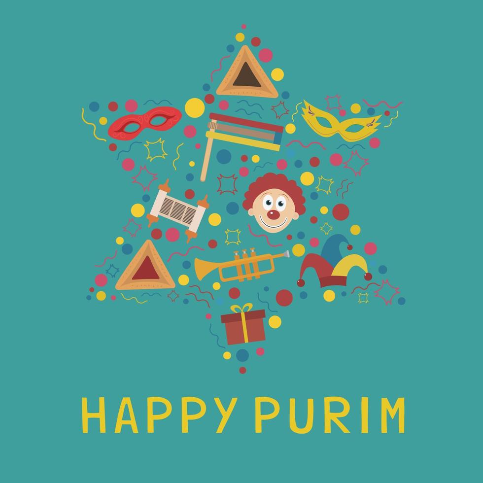 Purim holiday flat design icons set in star of david shape with text in english vector