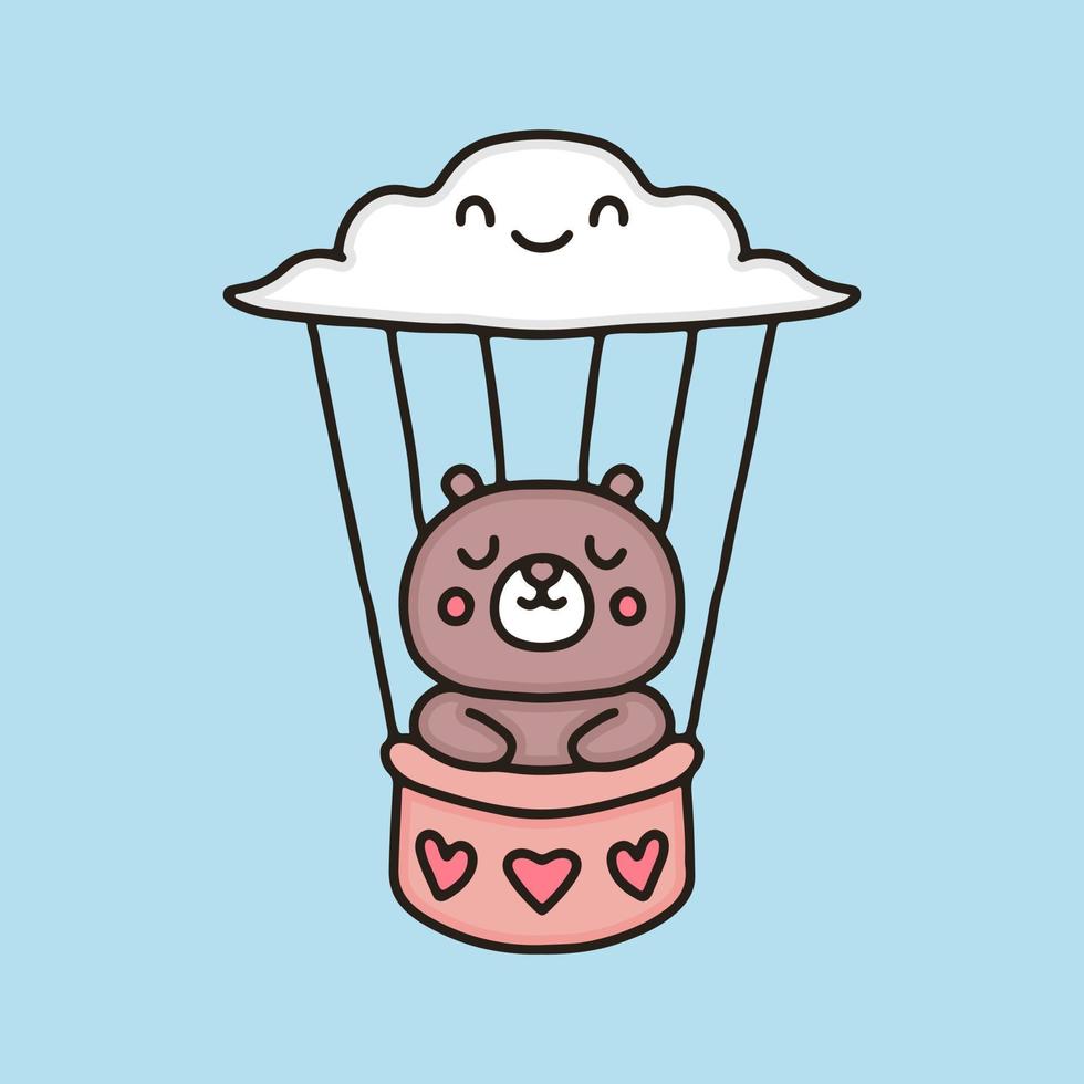 Cute sleeping bear in cloud hot balloon air cartoon, illustration for stickers and t shirt. vector