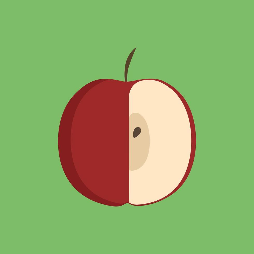 Icono de media manzana roja en diseño plano con fondo verde vector