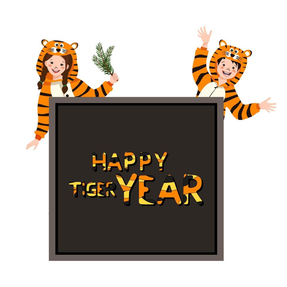 Girl and boy in carnival costume of tiger with place for text. Child in party pyjamas. Kid in jumpsuit or kigurumi, festive clothes for New Year, Christmas or holiday vector