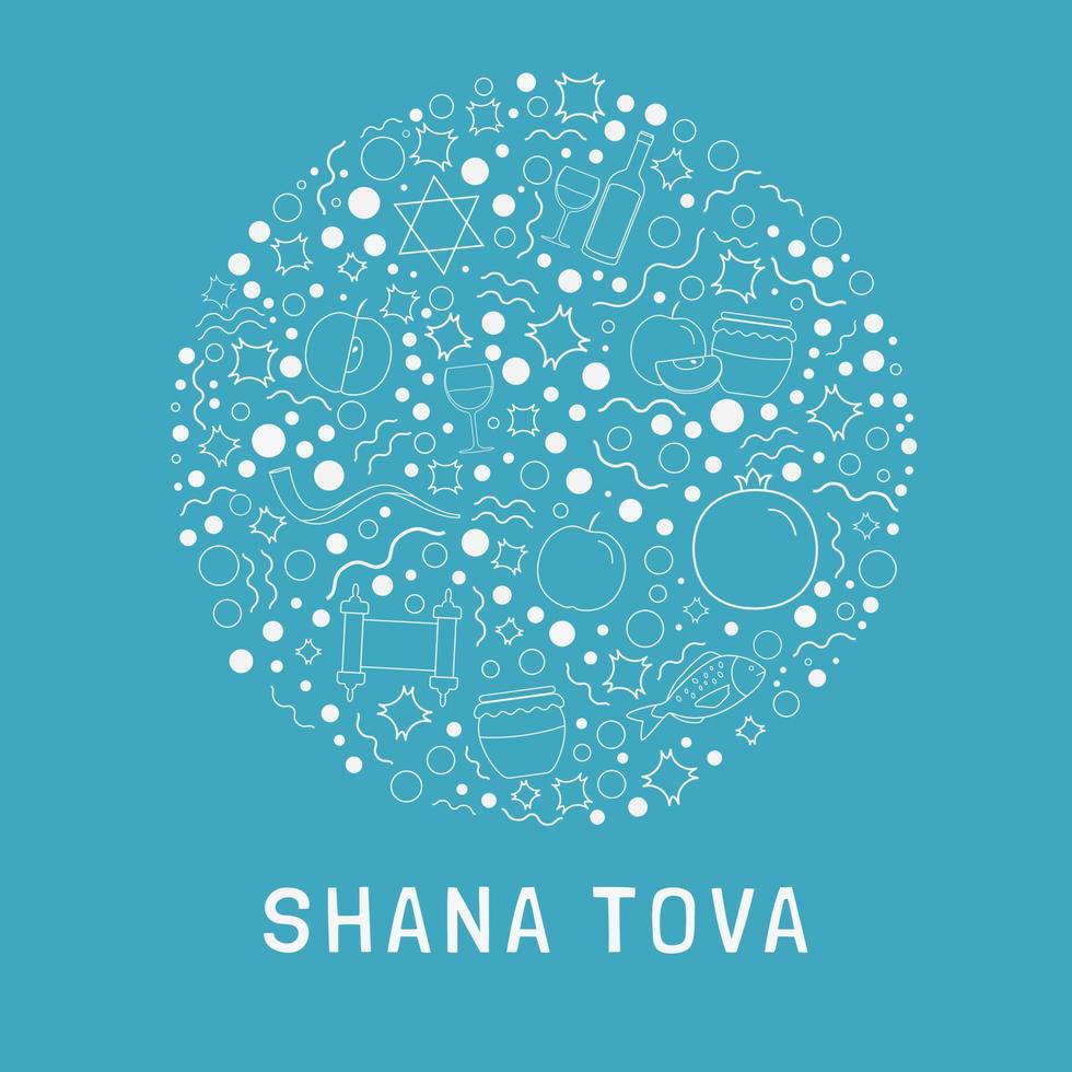 Rosh Hashanah holiday flat design white thin line icons set in round shape with text in english vector