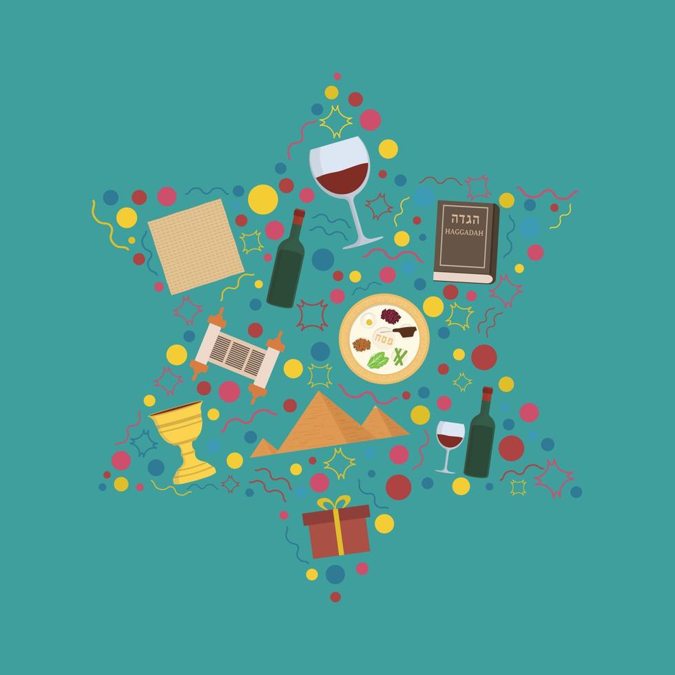Passover holiday flat design icons set in star of david shape vector