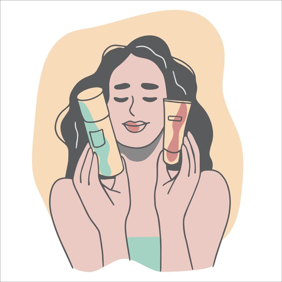 Woman holding cosmetic bottles. Beauty routine, skincare concept. Hand drawn vector illustration