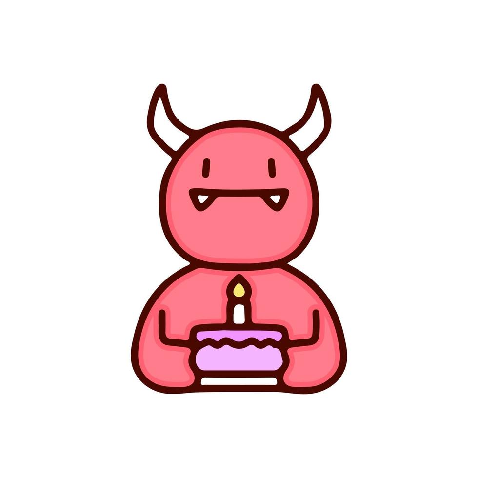 Cute red devil holding birthday cake illustration. Vector graphics for t-shirt prints and other uses.