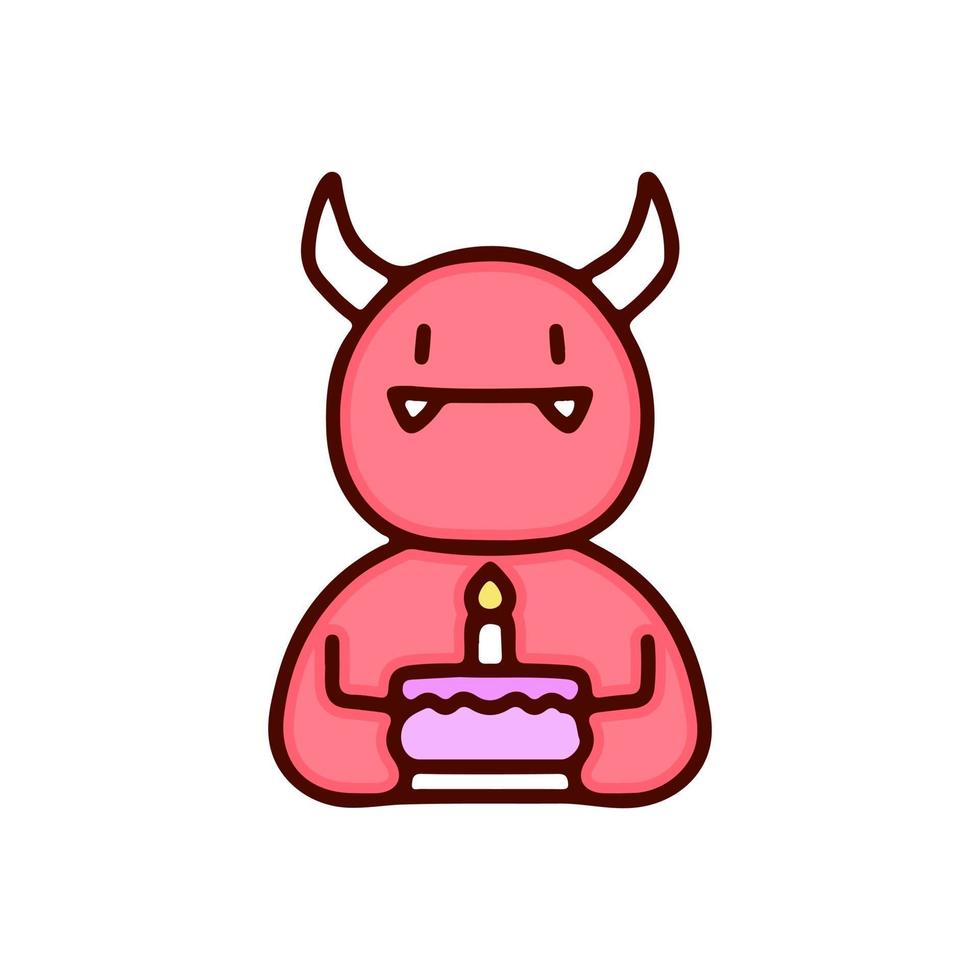 lindo diablo rojo con ilustración de pastel de cumpleaños. gráficos vectoriales para estampados de camisetas y otros usos. vector