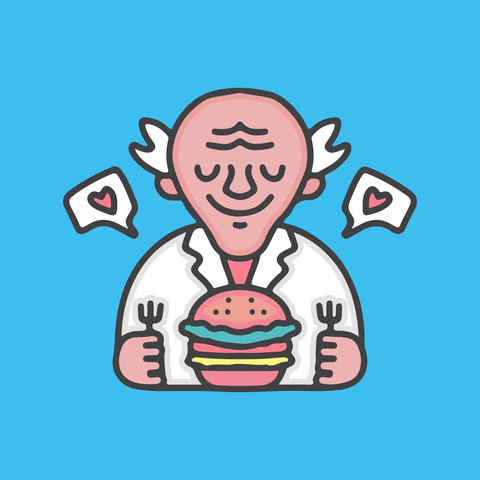 profesor anciano con dibujos animados de hamburguesa, ilustración para pegatinas y camiseta. vector