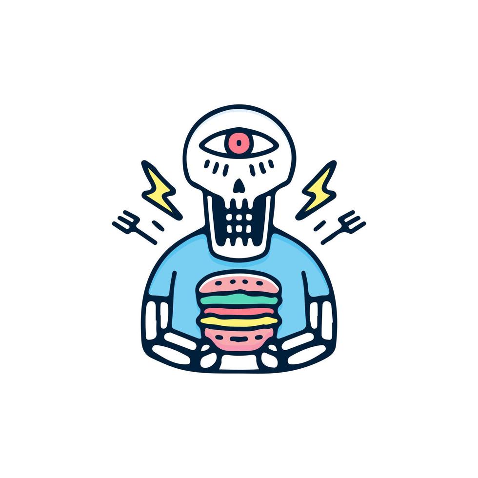 Skull with one eye holding burger illustration. Vector graphics for t-shirt prints and other uses.