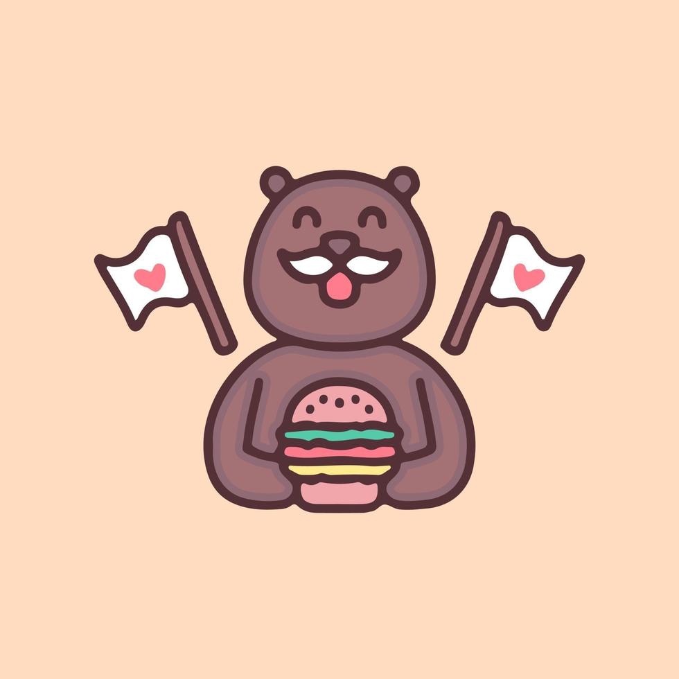 happy bear with mustache holding burger cartoon, illustration for stickers and t shirt. vector