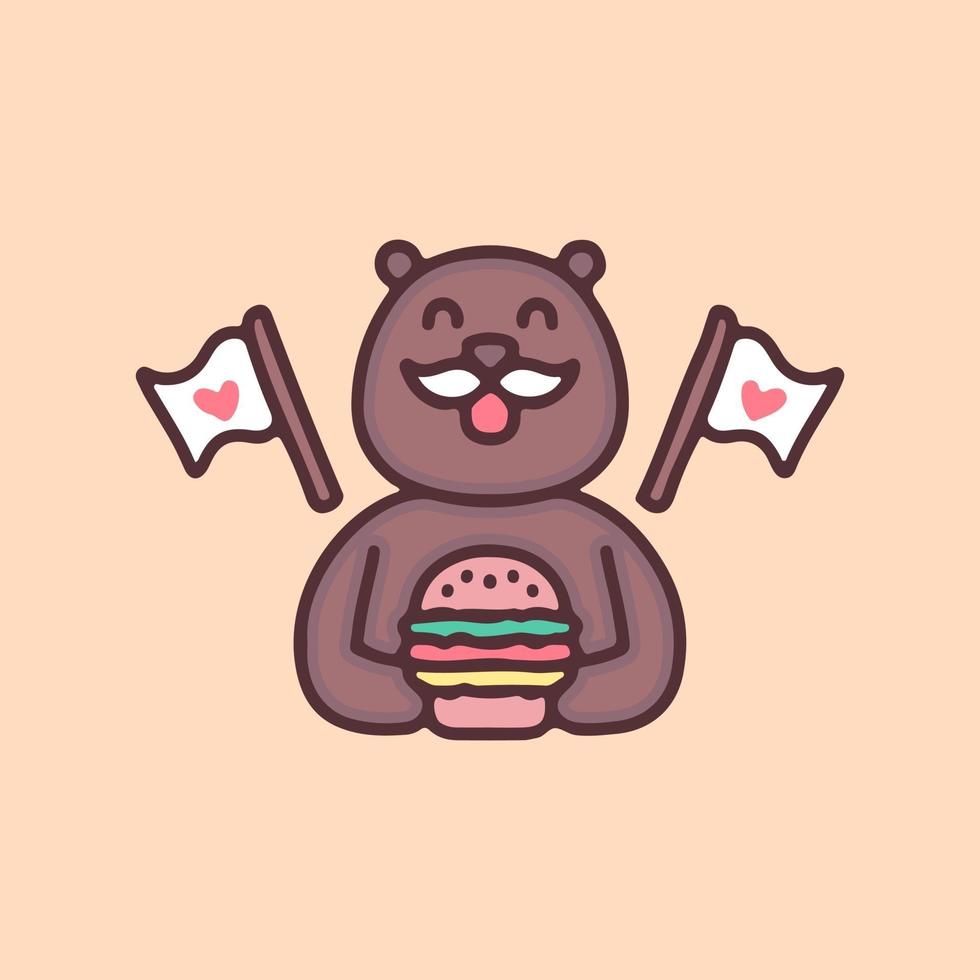 happy bear with mustache holding burger cartoon, illustration for stickers and t shirt. vector