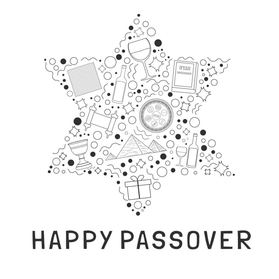 Passover holiday flat design black thin line icons set in star of david shape with text in english vector