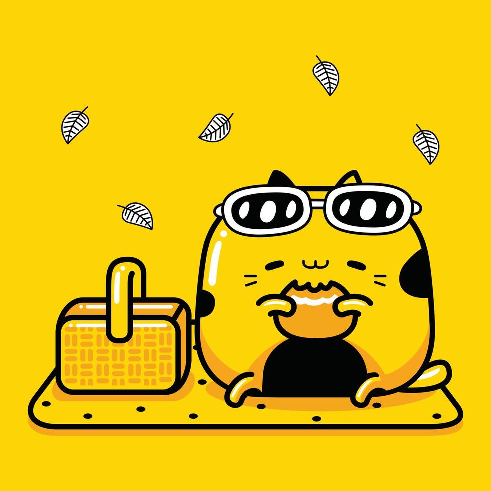 cute cat mascot character picnic in flat cartoon style vector