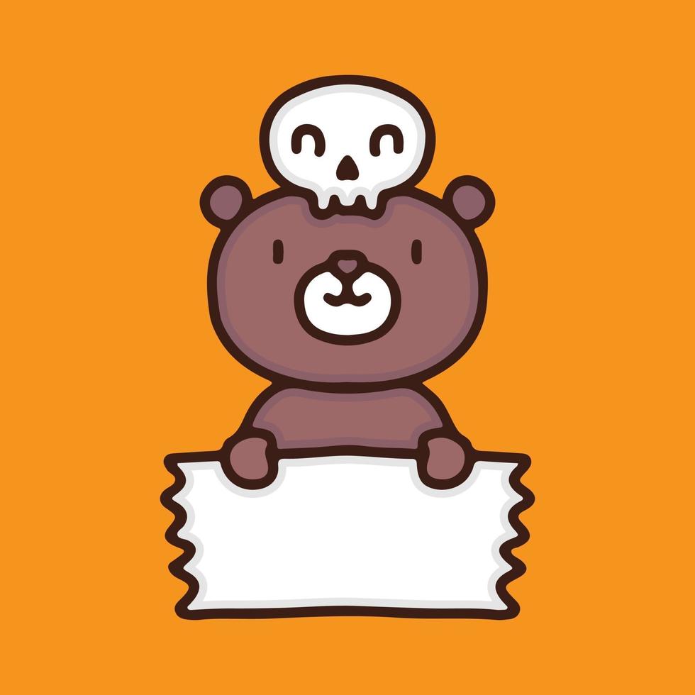 Cute bear with skull hat holding empty banner illustration. Vector graphics for t-shirt prints and other uses.