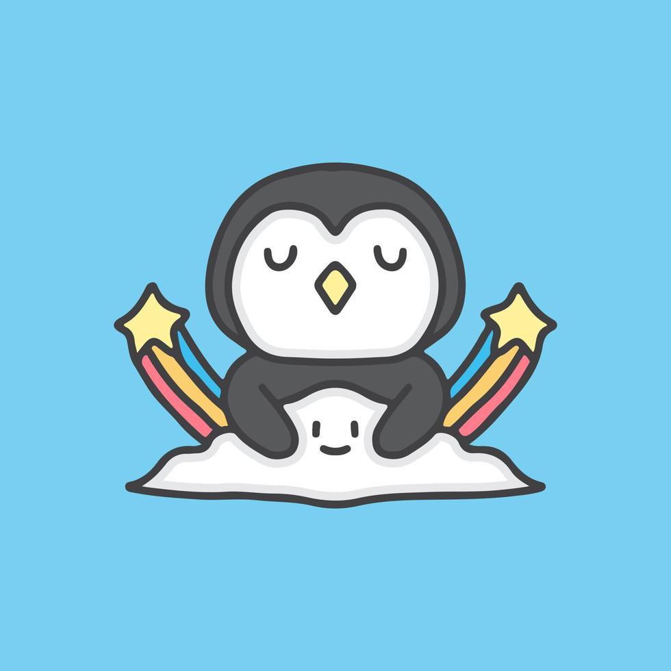 lindo pingüino durmiendo en dibujos animados de nubes, ilustración para pegatinas y camiseta. vector