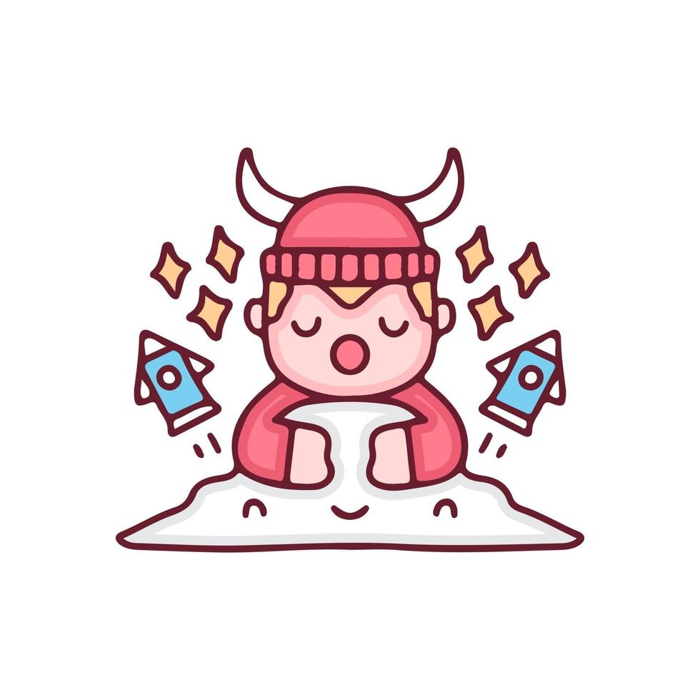 Dibujos animados de vikingo bebé kawaii durmiendo en la nube. perfecto para niños de guardería, tarjetas de felicitación, baby shower, diseño de tela. vector