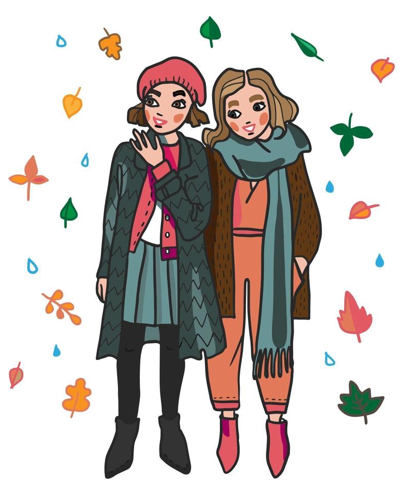 Hand drawn cartoon style illustration of two girls in autumn vector