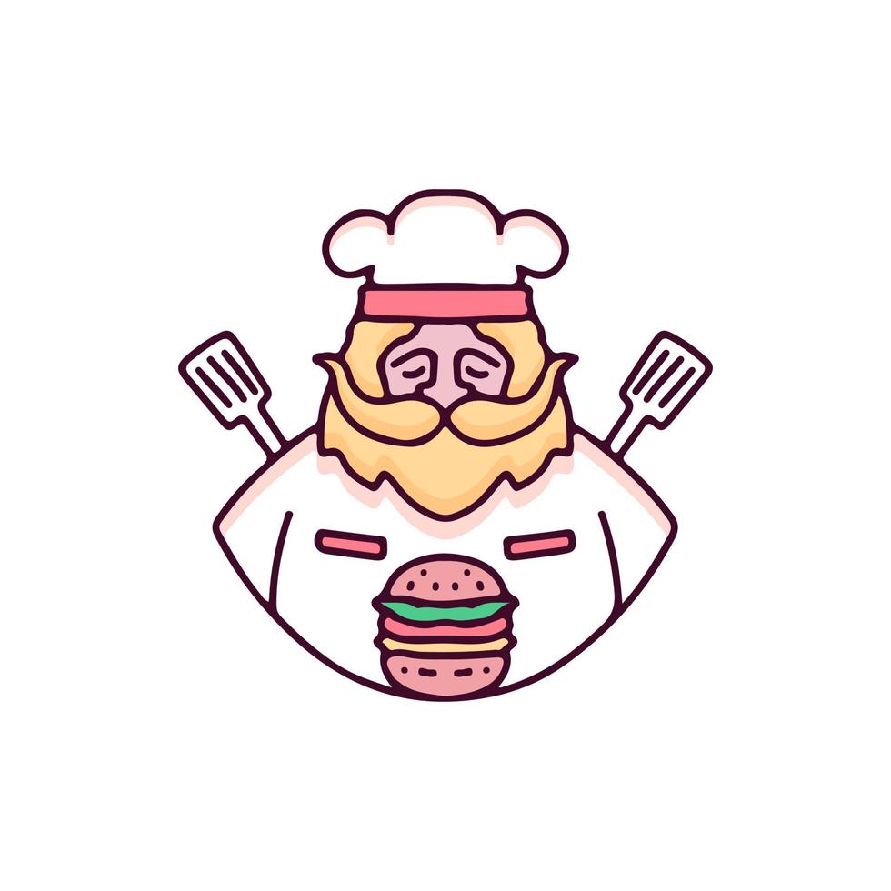 Chef barbudo con espátula y hamburguesa ilustración. gráficos vectoriales para estampados de camisetas y otros usos. vector