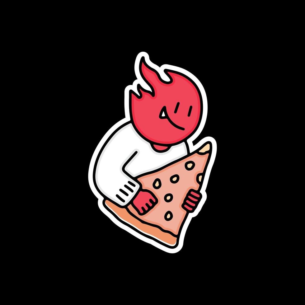 personaje de fuego con ilustración de pizza. gráficos vectoriales para estampados de camisetas y otros usos. vector