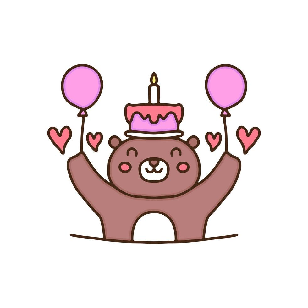 happy bear with birthday cake and balloons cartoon, illustration for stickers and t shirt. vector