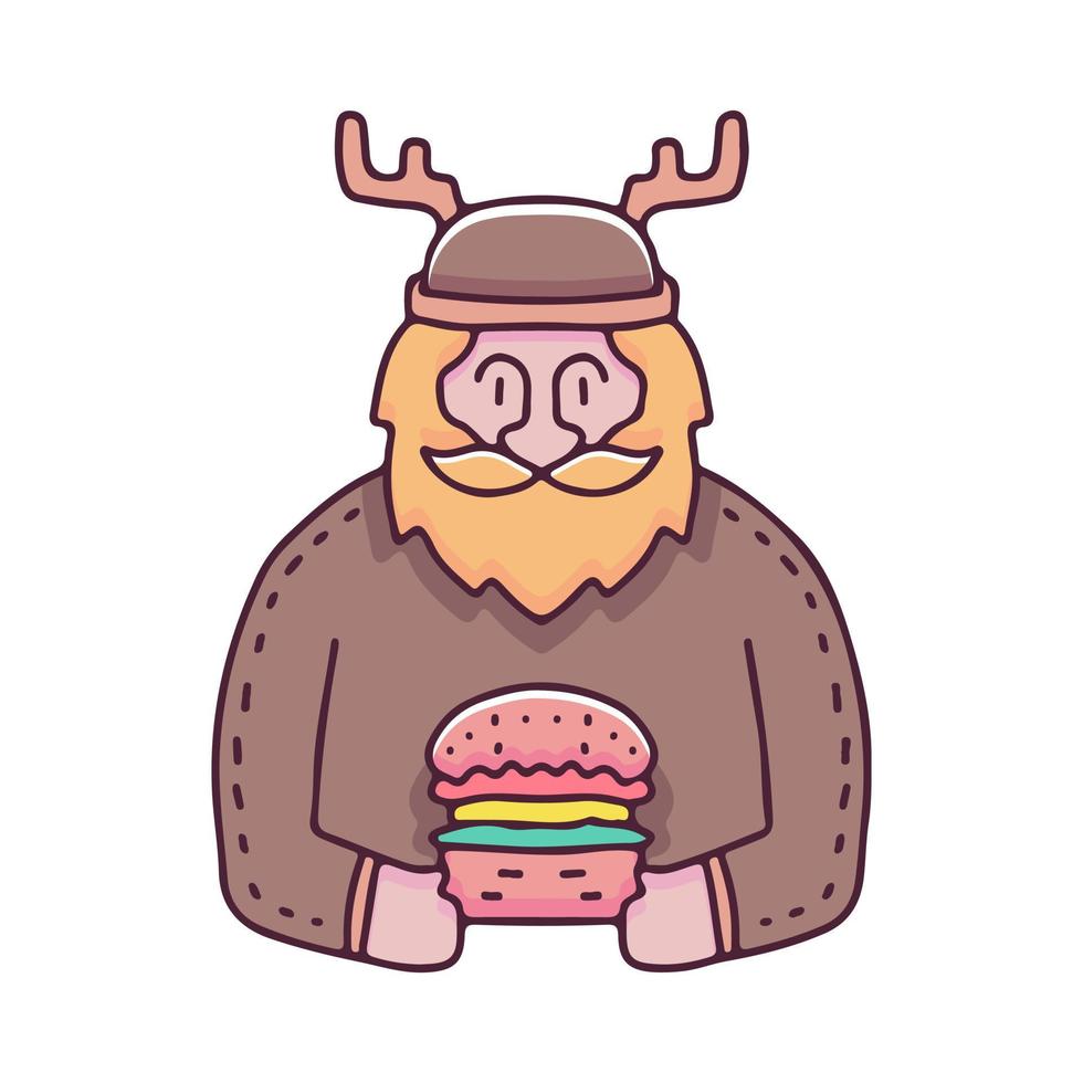 hombre barbudo con traje de ciervo con ilustración de hamburguesa. gráficos vectoriales para estampados de camisetas y otros usos. vector