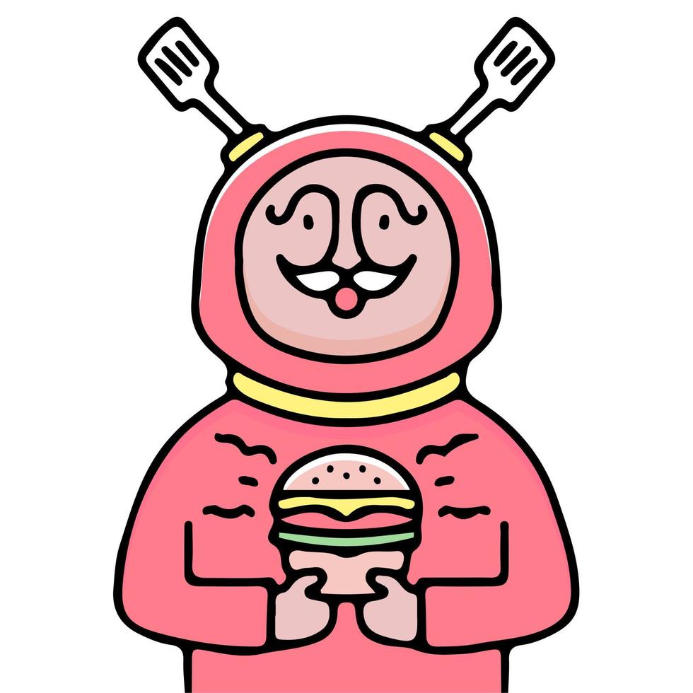 Mustache man with costume spatula horn holding burger illustration. Vector graphics for t-shirt prints and other uses.