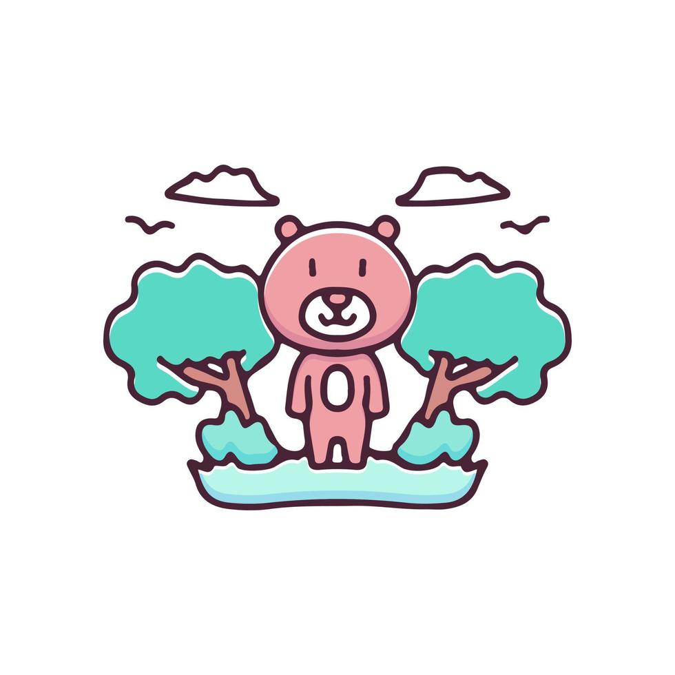 Little bear in forest illustration. Vector graphics for t-shirt prints and other uses.