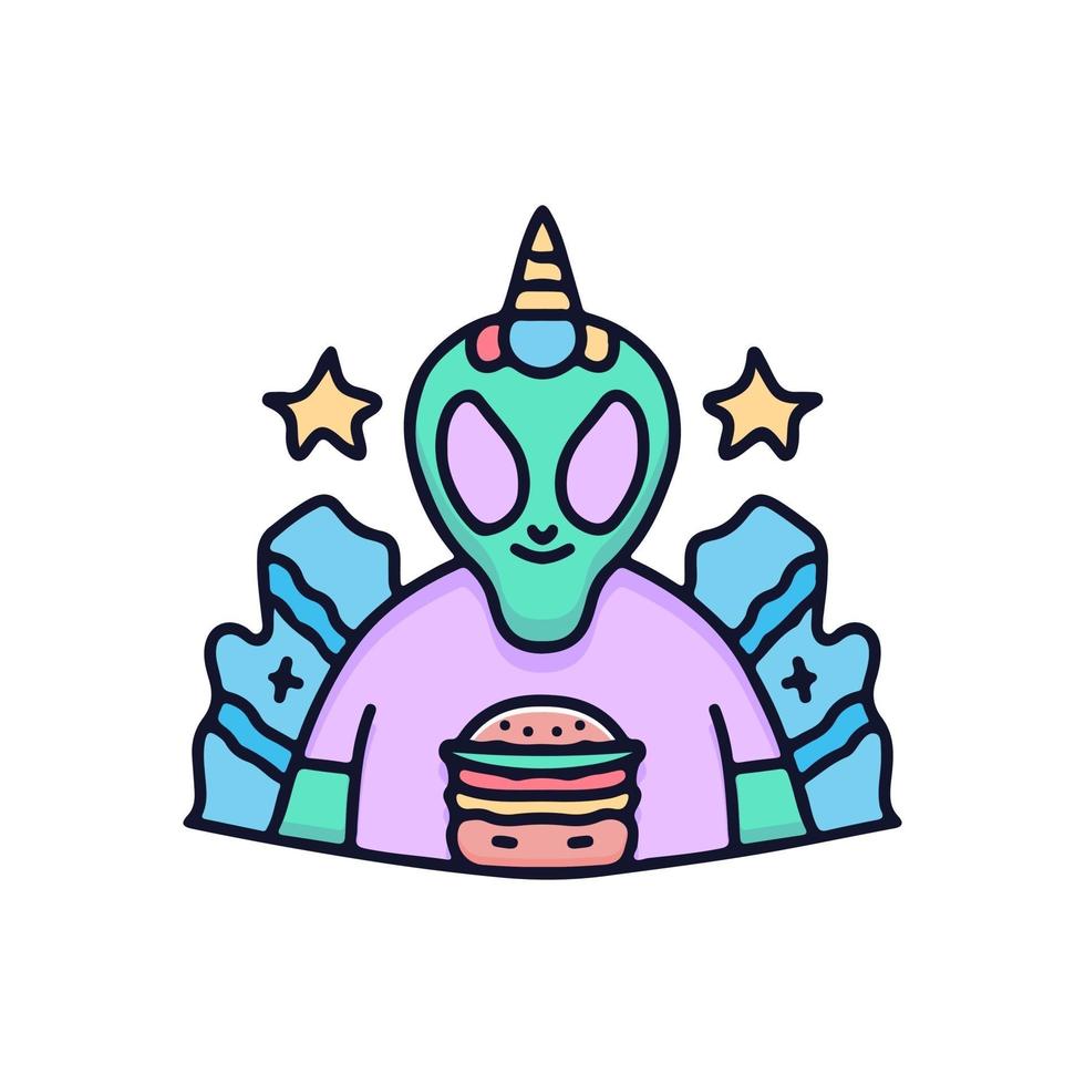 Alien unicorn with burger illustration. Vector graphics for t-shirt prints and other uses.