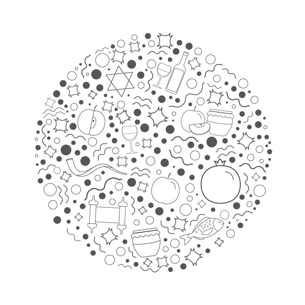 Iconos de línea fina negra de diseño plano de vacaciones de Rosh Hashaná en forma redonda vector