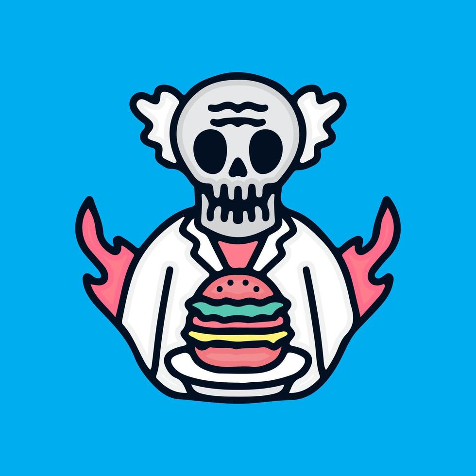 Cool skull professor with burger cartoon, illustration for stickers and t shirt. vector
