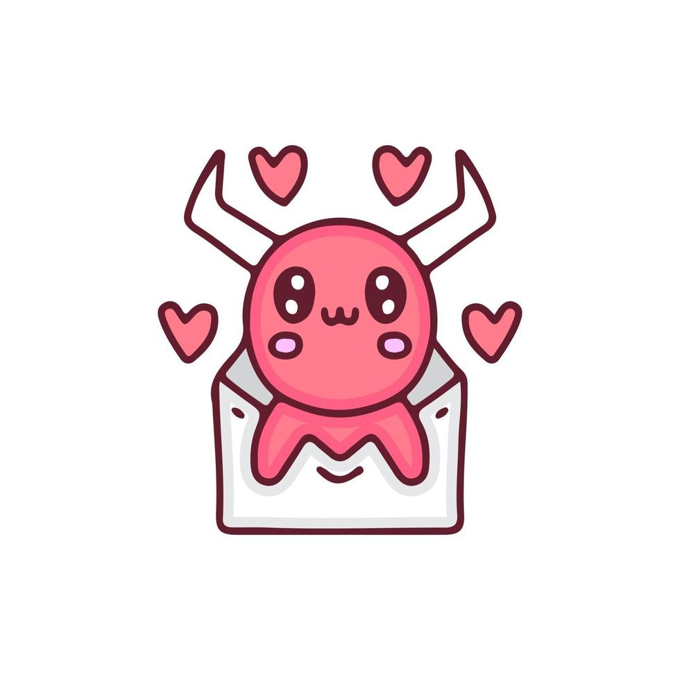 Dibujos animados de diablo rojo kawaii en carta de amor. perfecto para niños de guardería, tarjetas de felicitación, baby shower, diseño de tela. vector