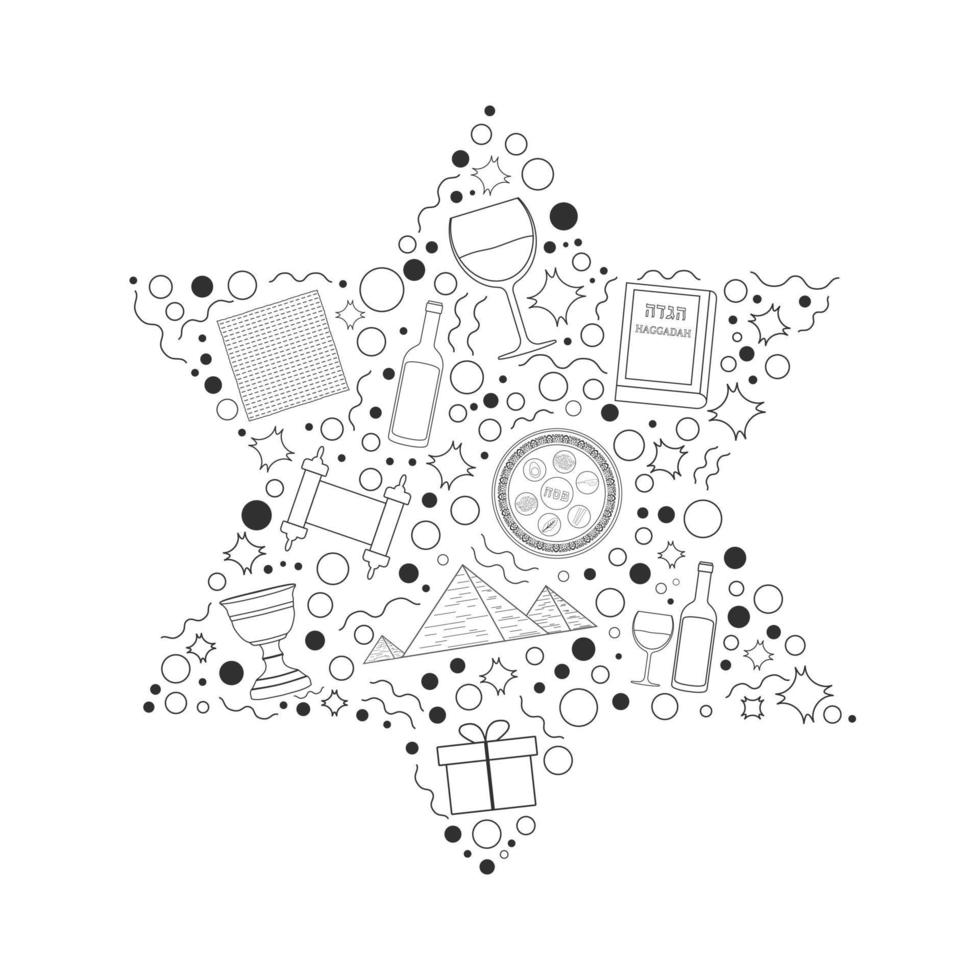 Passover holiday flat design black thin line icons set in star of david shape vector