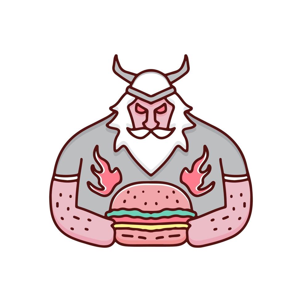 fresco vikingo barbudo con hamburguesa de fuego, ilustración para pegatinas y camiseta. vector
