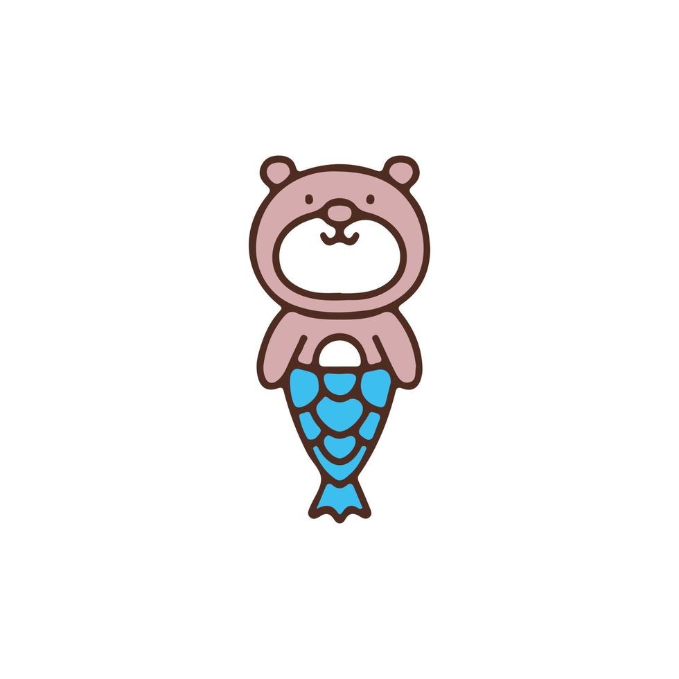 Kawaii bear mermaid cartoon illustration for t shirt, poster, logo, sticker, or apparel merchandise. vector