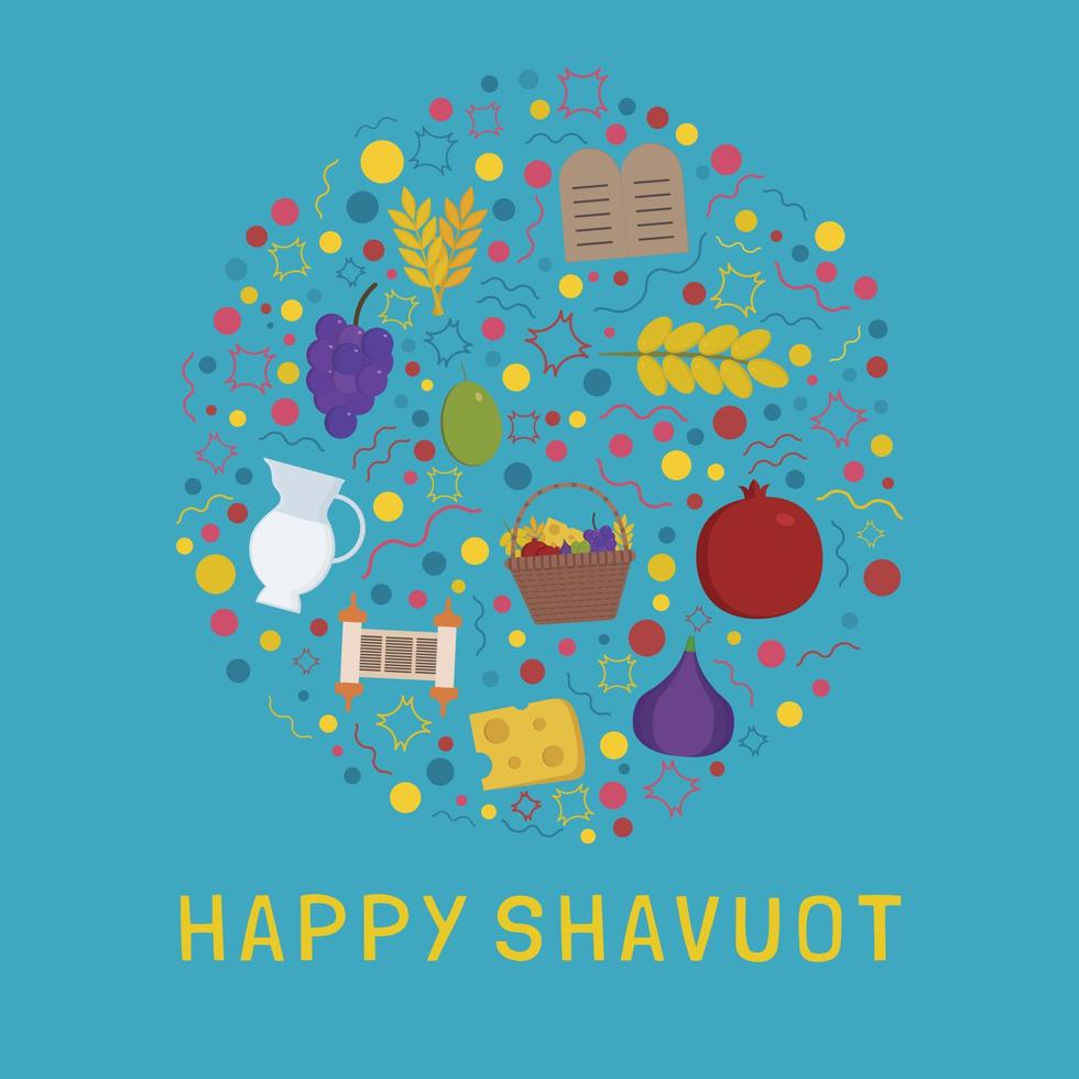 Iconos de diseño plano de vacaciones de Shavuot en forma redonda con texto en inglés vector