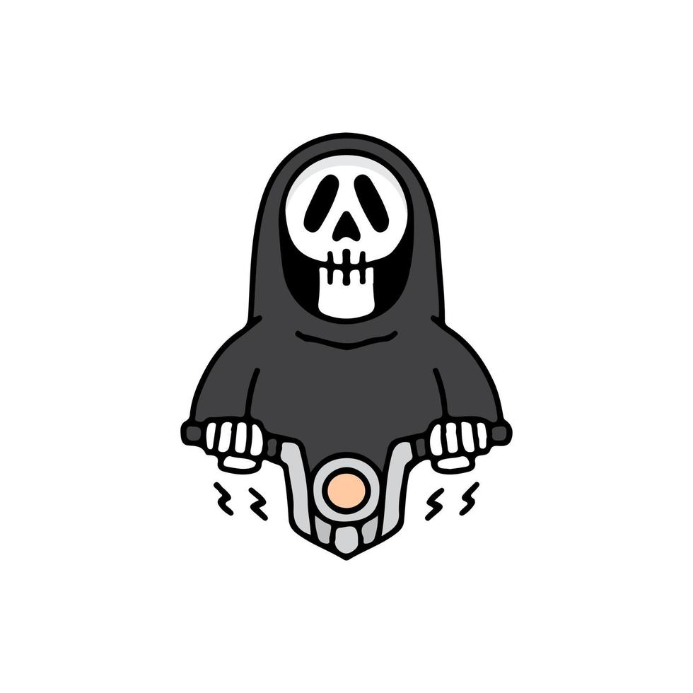 calavera parca andar en bicicleta dibujos animados. ilustración para camisetas, carteles, logotipos, adhesivos o prendas de vestir. vector